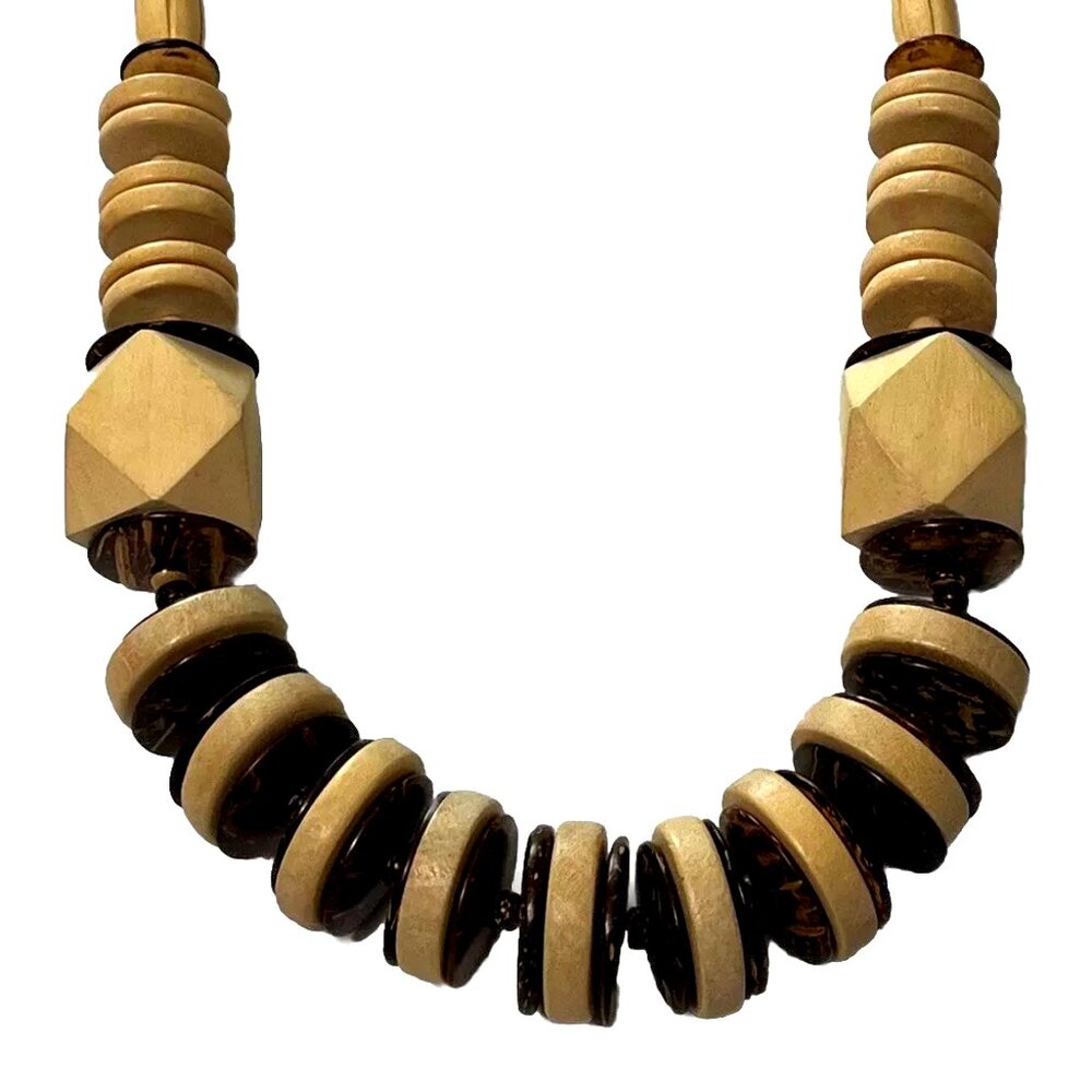 RARE 80s Wood and Coconut Bead STATEMENT Necklace